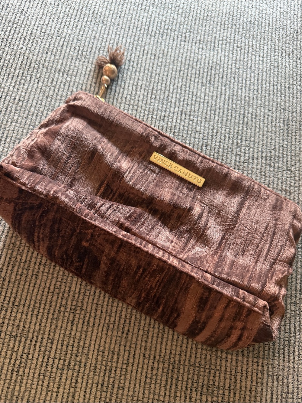 Vince Camuto Brown Velvet Textured Cosmetic Case Beaded Tassel Inside Zip Pocket